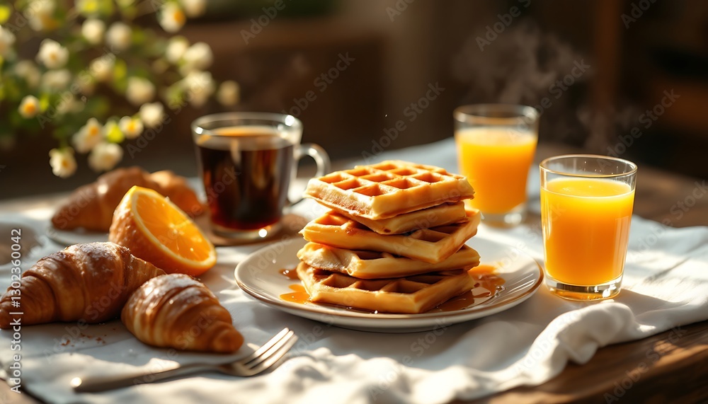 Delicious Breakfast Still Life with Waffles, Croissants, Juice and Coffee Delicious Breakfast Still Life with Waffles, Croissants, Juice and Coffee