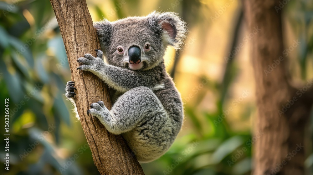 Obraz premium Adorable koala climbing on tree branch in natural habitat