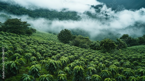 Lush green coffee bean field shrouded in mystical fog. Ethereal morning light creates an enchanting, secretive ambiance, with fog veiling the horizon photo