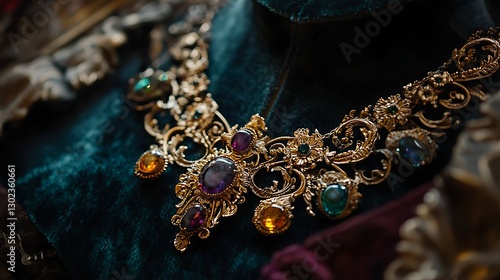 Exquisite Antique Gold Necklace with Gemstones on Velvet Fabric