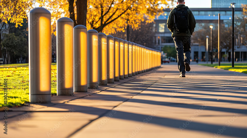 Obraz premium person walking along pathway lined with glowing light posts, surrounded by autumn foliage. warm light contrasts with cool shadows, creating serene atmosphere