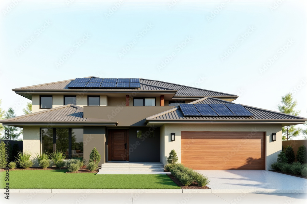 Fototapeta premium A Modern Sustainable house with sleek solar panels integrated into a flat roof, framed by minimalist landscaping.