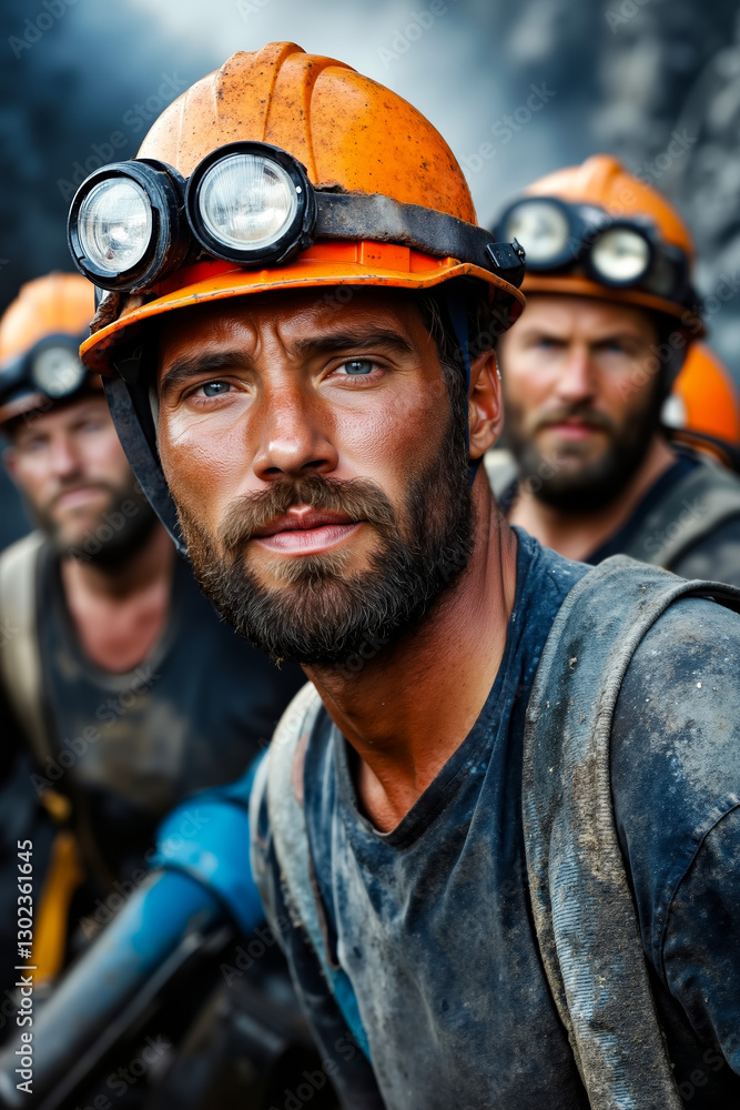 A group of men wearing hard hats and goggles A group of men wearing hard hats and goggles