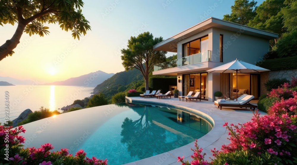 Obraz premium Luxury Waterfront Villa with Infinity Pool and Sunset Views