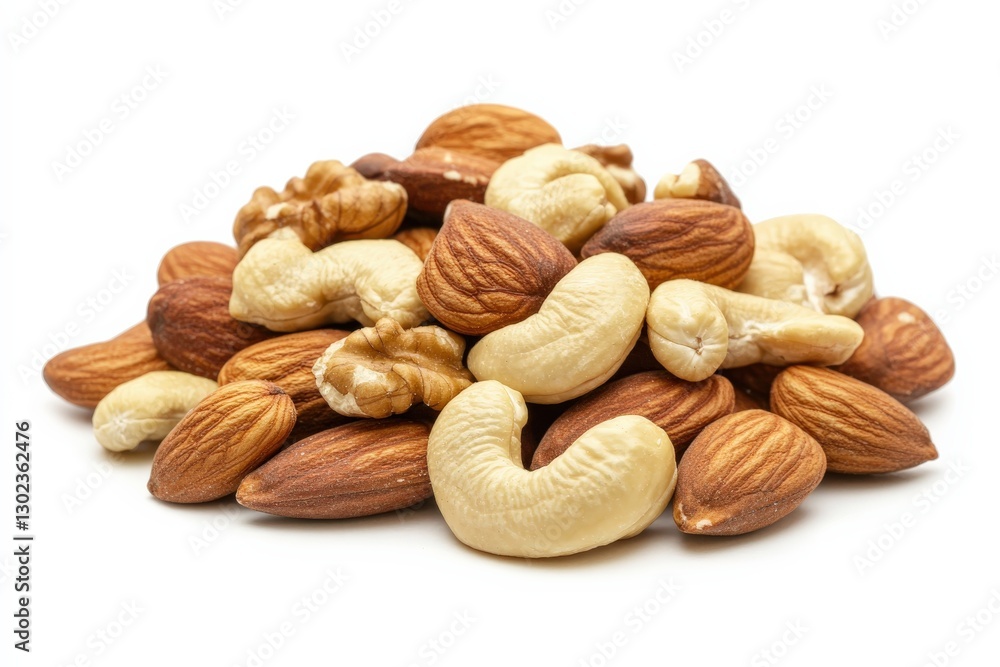 Assorted Nuts Piled Together on White Background for Healthy Snack Ideas Assorted Nuts Piled Together on White Background for Healthy Snack Ideas