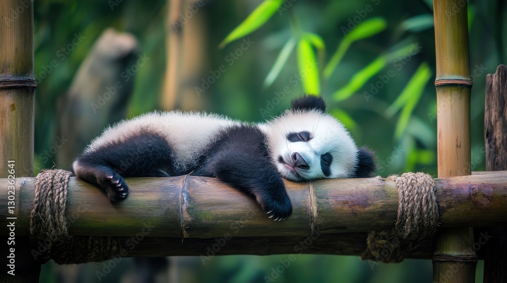 Obraz premium Adorable Baby Panda Napping on a Bamboo Log in a Verdant Habitat