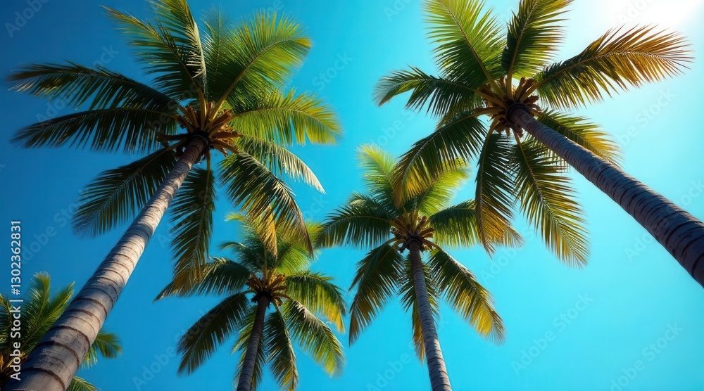 Tropical Paradise Majestic Palm Trees Reaching for a Vivid Azure Sky, Bathed in Sunshine's Golden Embrace Tropical Paradise Majestic Palm Trees Reaching for a Vivid Azure Sky, Bathed in Sunshine's Golden Embrace