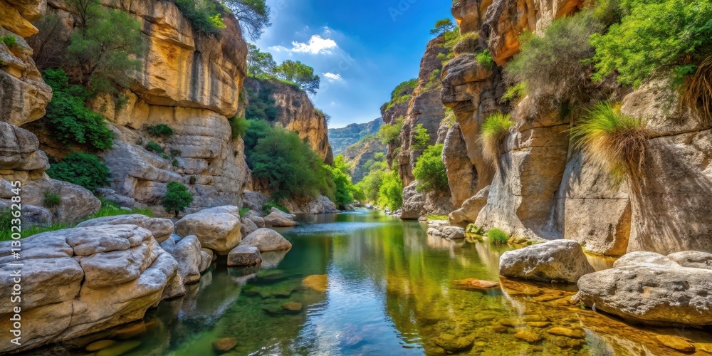 Scenic view of rock formation in canyon with small creek at Madonie Natural Park in Isnello, canyon landscape, Sicilian wilderness Scenic view of rock formation in canyon with small creek at Madonie Natural Park in Isnello, canyon landscape, Sicilian wilderness