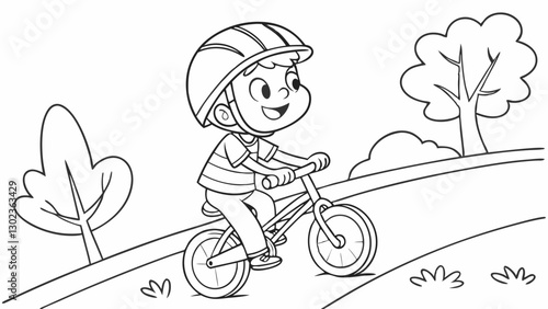 Coloring Page Outline Of a cartoon boy riding a Bicycle or bike. Coloring book for kids