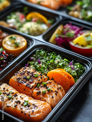 Close-up of Delicious ready-to-eat meals prepared in containers ready for transport