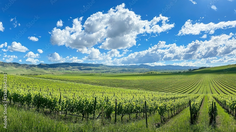 A lush green field with rows of crops under a bright, sunny sky A lush green field with rows of crops under a bright, sunny sky