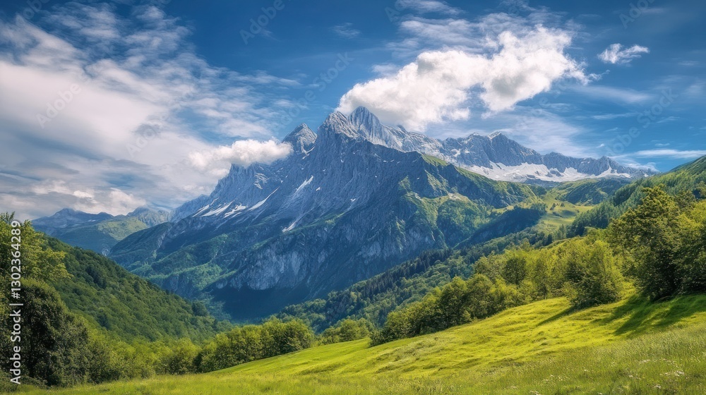 Fototapeta premium Dramatic Mountain Range with Green Valleys and a Vibrant Blue Sky