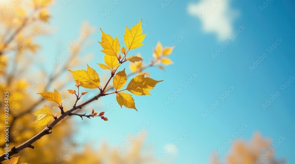 Golden autumn leaves on a branch against a vibrant blue sky, a serene and peaceful nature scene showcasing the beauty of fall foliage. Golden autumn leaves on a branch against a vibrant blue sky, a serene and peaceful nature scene showcasing the beauty of fall foliage.
