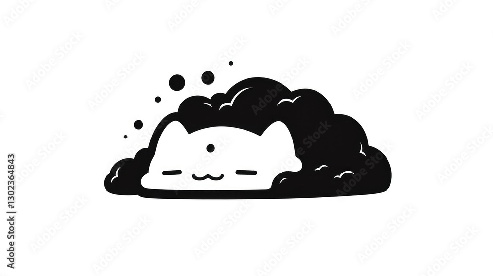 Cute Animated Cat Hidden in Fluffy Black Cloud, Simple Design Cute Animated Cat Hidden in Fluffy Black Cloud, Simple Design
