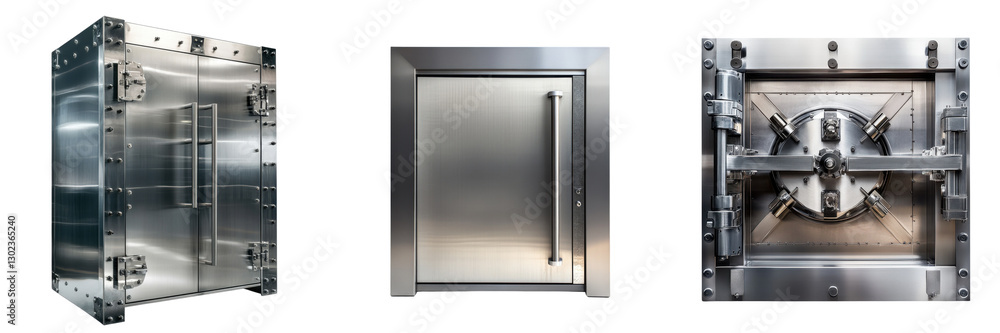 A Set of High-Security Modern Banks with Steel Vaults Isolated on Transparent Background A Set of High-Security Modern Banks with Steel Vaults Isolated on Transparent Background