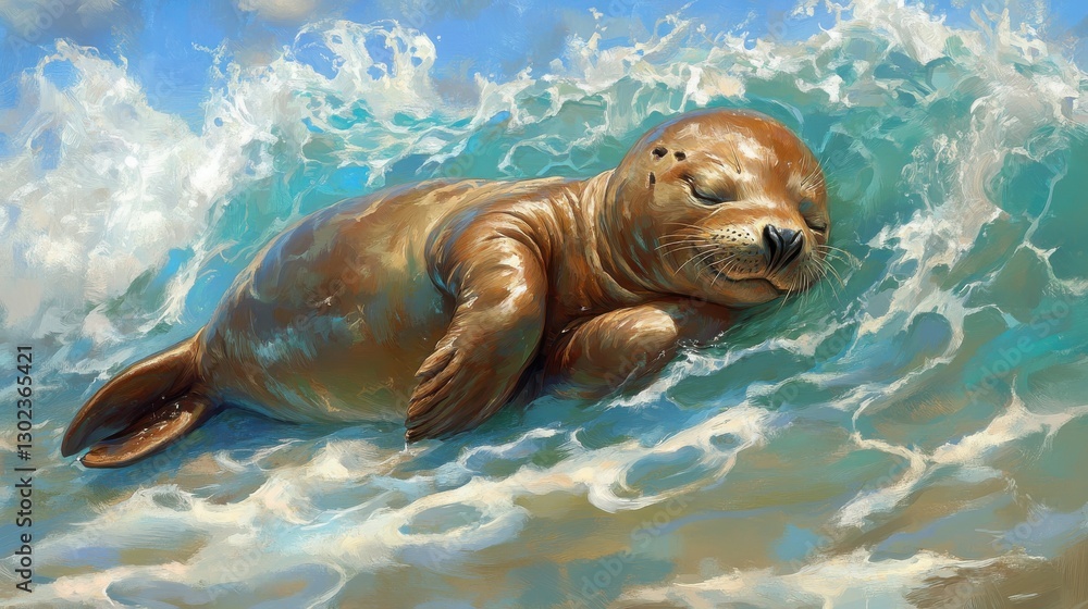 Fototapeta premium Adorable Seal Pup Relaxing on the Shore in Gentle Ocean Waves
