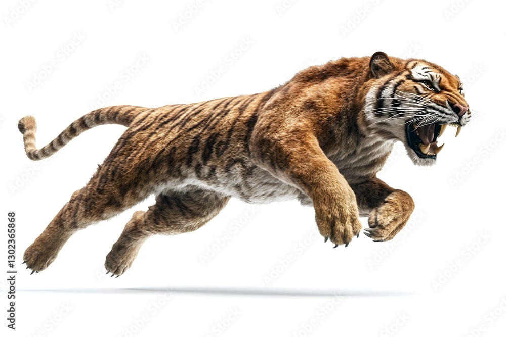 Obraz premium Leaping Saber toothed Tiger Against Clean White Background with Powerful Muscles and Shadows
