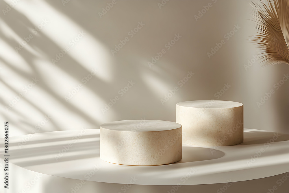Elegant Minimalist Product Display with Cylindrical Stands and Subtle Palm Leaf Elegant Minimalist Product Display with Cylindrical Stands and Subtle Palm Leaf