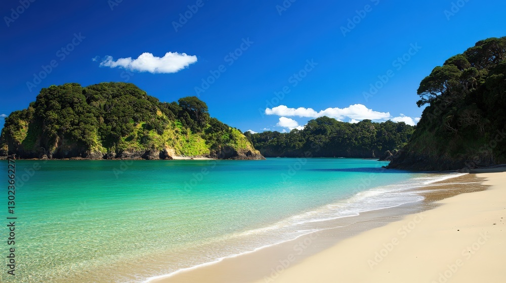 Beautiful Tropical Beach Scene with Clear Turquoise Water and Lush Green Hills Beautiful Tropical Beach Scene with Clear Turquoise Water and Lush Green Hills