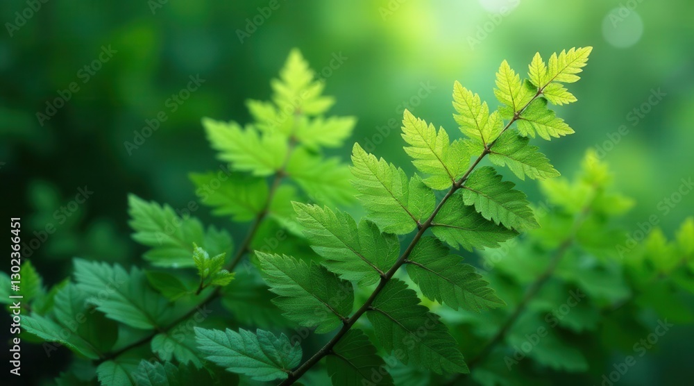 Lush Green Foliage Branch with Vibrant, Detailed Leaves in a Natural Setting Lush Green Foliage Branch with Vibrant, Detailed Leaves in a Natural Setting