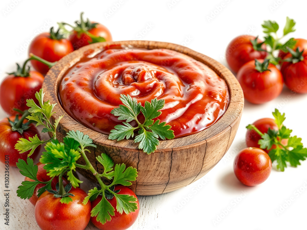 A bowl of rich red tomato sauce with fresh tomatoes and parsley on the side. Generative AI A bowl of rich red tomato sauce with fresh tomatoes and parsley on the side. Generative AI