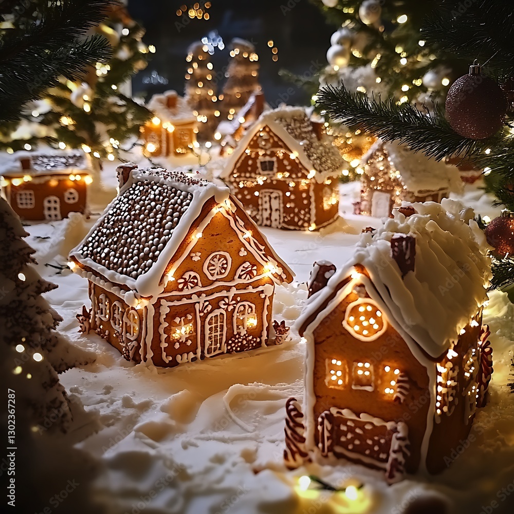 Gingerbread house village glowing under a soft snowfall at dusk image Gingerbread house village glowing under a soft snowfall at dusk image