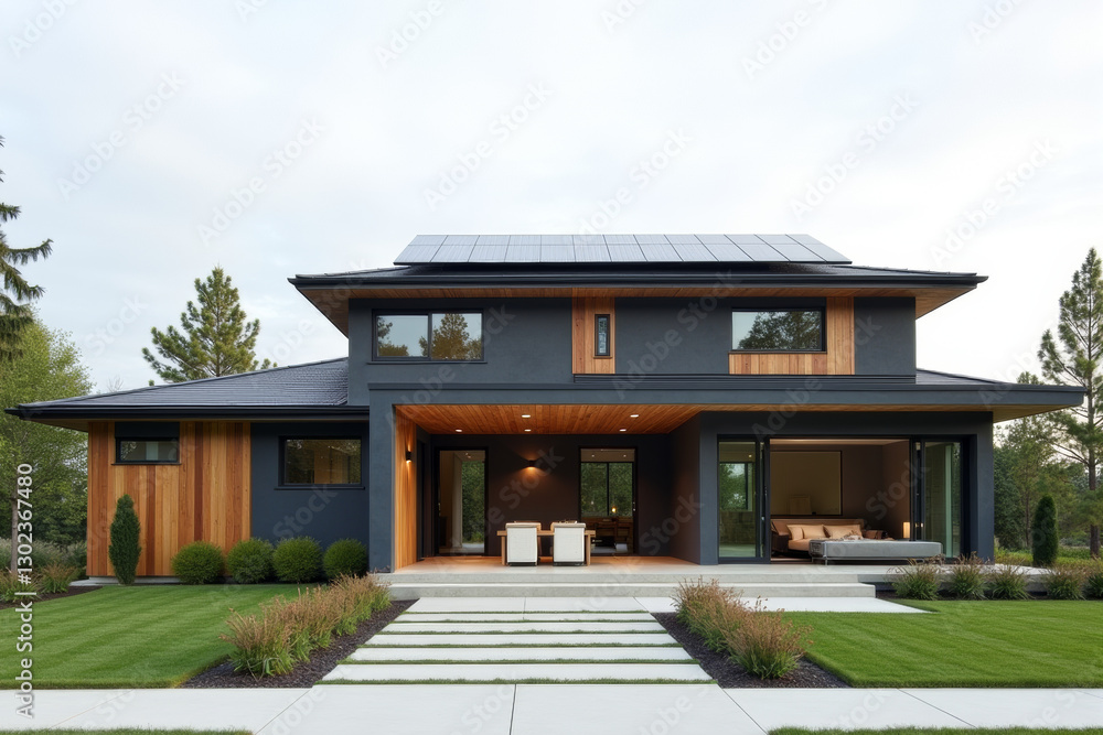 A Modern Sustainable house with sleek solar panels integrated into a flat roof, framed by minimalist landscaping. A Modern Sustainable house with sleek solar panels integrated into a flat roof, framed by minimalist landscaping.