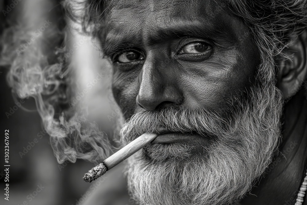 Obraz premium Dramatic Cinematic Portrait of a Person Smoking a Cigarette with Swirling Smoke Around Their Face in a Captivating Black and White Shot