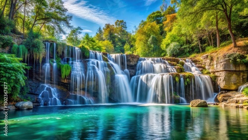 Waterfall Cascading into Lake, natural beauty, peaceful atmosphere