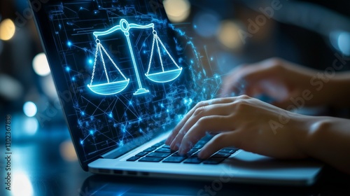 A woman typing on a laptop in an office setting, working on a computer with hands on the keyboard