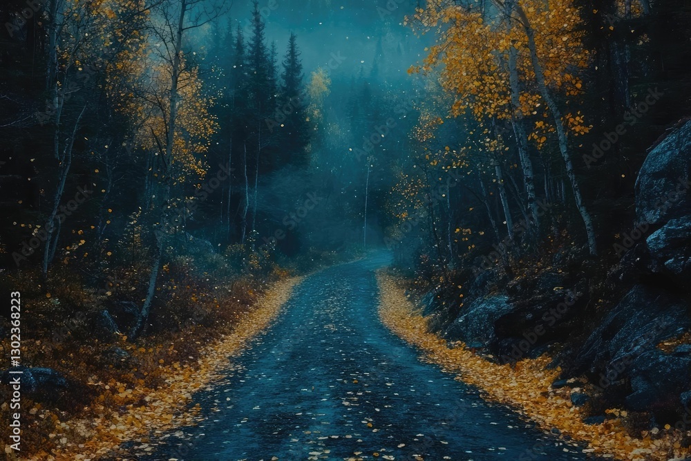 Serene Autumn Pathway Through Misty Forest Scene at Dusk Serene Autumn Pathway Through Misty Forest Scene at Dusk