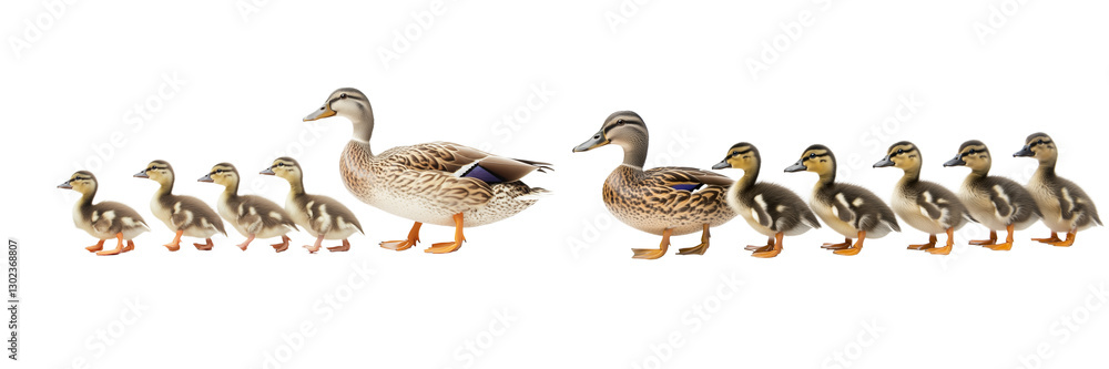 Set of ducks and ducklings walking in a line, isolated on a transparent background. Set of ducks and ducklings walking in a line, isolated on a transparent background.