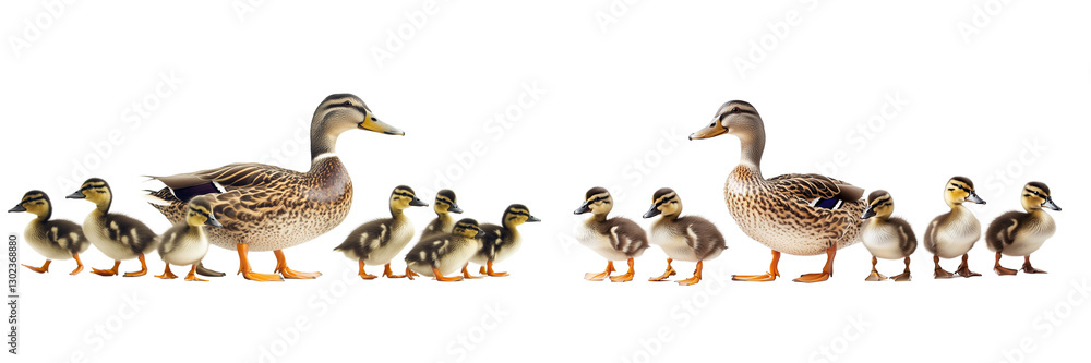 Obraz premium Set of ducks and ducklings walking in a line, isolated on a transparent background.