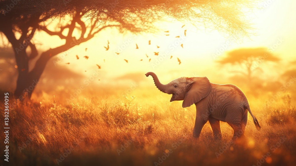 Naklejka premium Baby Elephant Playing Under the Golden Sunset in African Savanna