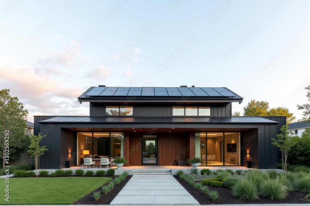 A Modern Sustainable house with sleek solar panels integrated into a flat roof, framed by minimalist landscaping. A Modern Sustainable house with sleek solar panels integrated into a flat roof, framed by minimalist landscaping.