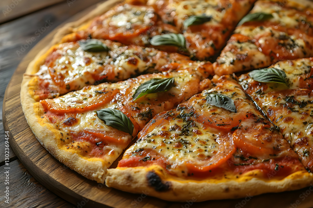 Close Up Of Slices Of Pizza With Tomatoes And Basil On Wooden Board Close Up Of Slices Of Pizza With Tomatoes And Basil On Wooden Board