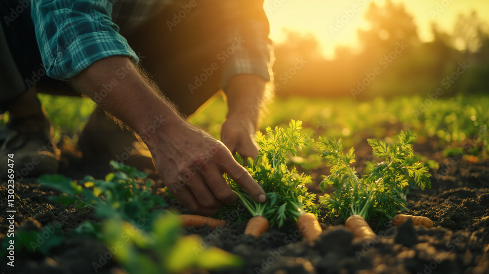 Fototapeta premium Agricultor recolectando zanahorias