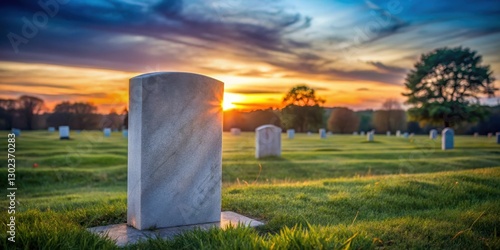 A solitary headstone stands atop a freshly dug grave in a serene cemetery at dusk , stillness, solitude,  stillness, solitude