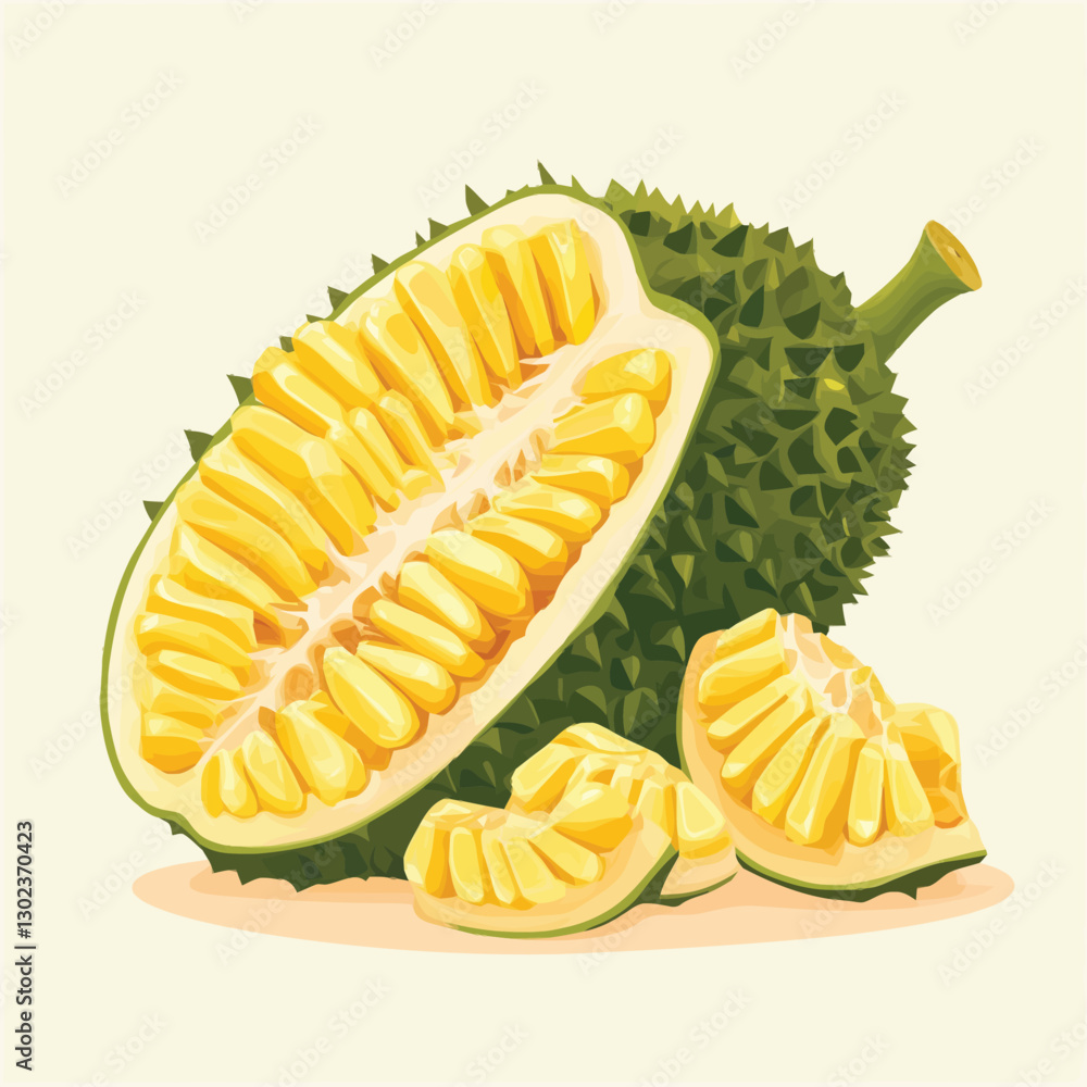 A flat 2D vector of a whole jackfruit with its spiky skin and a few sliced pieces. A flat 2D vector of a whole jackfruit with its spiky skin and a few sliced pieces.