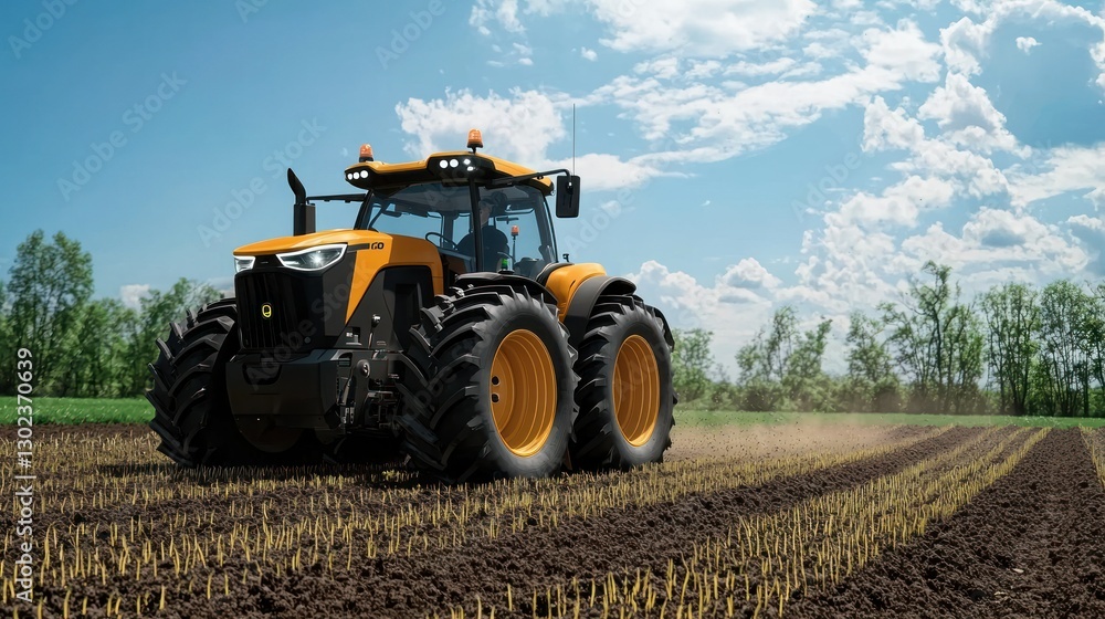 Fototapeta premium A smart tractor planting seeds in a perfectly aligned field using advanced technology