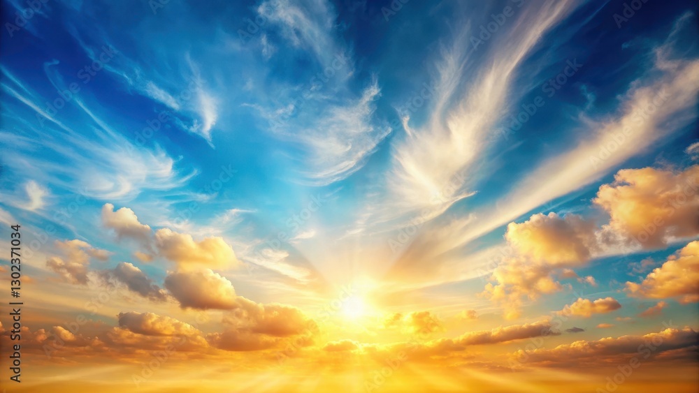 Obraz premium Light blue sky with wispy clouds, set against a warm golden background, evoking feelings of hope and optimism, conveying a sense of new beginnings , optimistic, golden