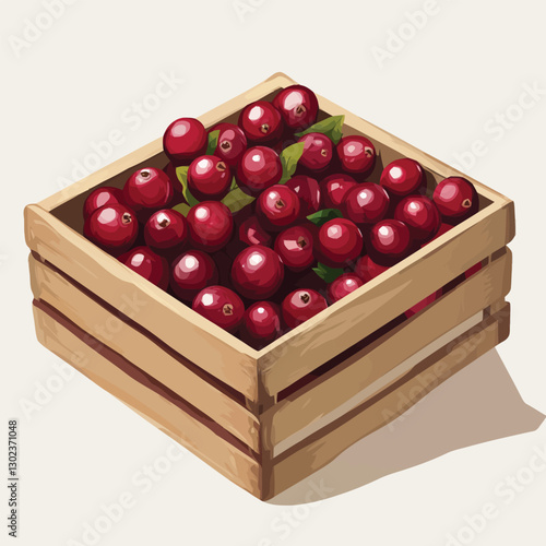 A flat 2D vector of a set of fresh cranberries inside a wooden crate.