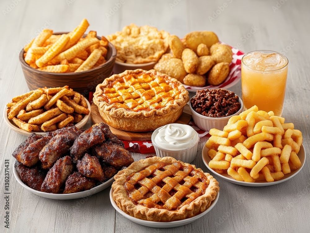 Fototapeta premium A vibrant spread of comfort food featuring crispy fries, savory wings, and desserts