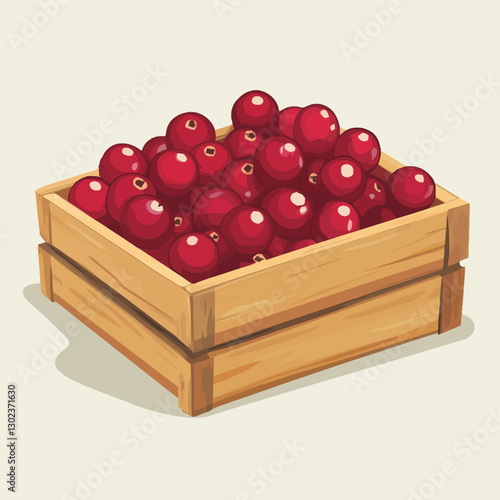A flat 2D vector of a set of fresh cranberries inside a wooden crate.