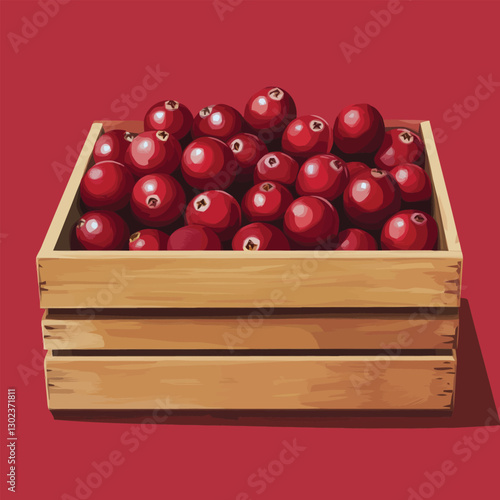 A flat 2D vector of a set of fresh cranberries inside a wooden crate.