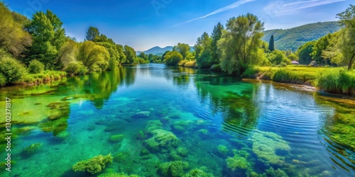 Crystal clear waters of Mreznica River flowing gently through lush green vegetation in Belavici village, Croatia's natural beauty on full display , water, vegetation