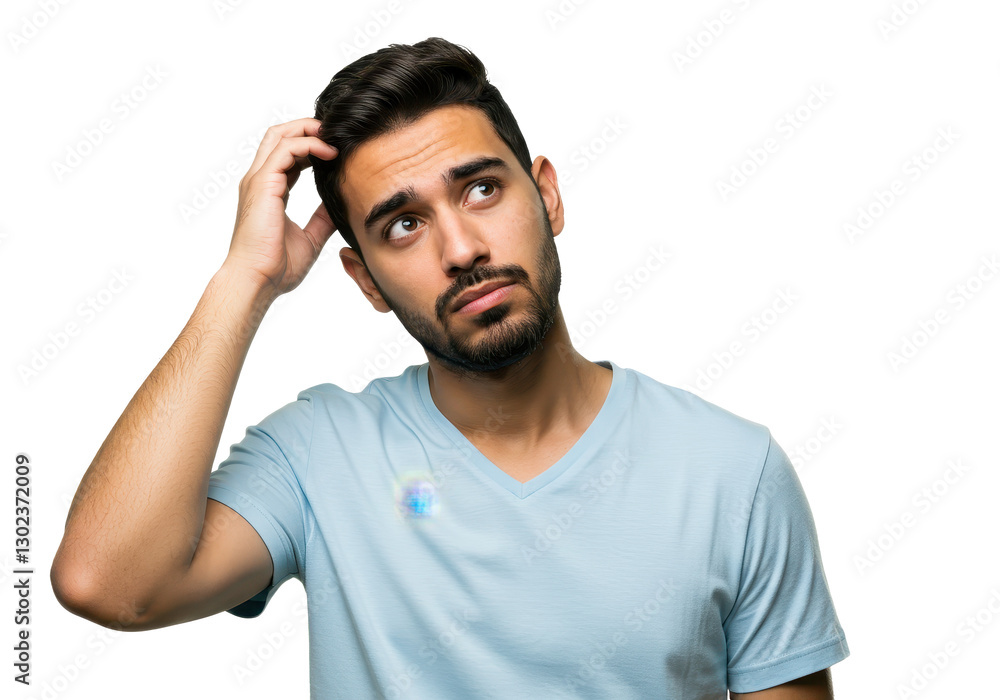 A young man scratching the back of his head with his right hand while looking slightly upward with a puzzled or confused expression A young man scratching the back of his head with his right hand while looking slightly upward with a puzzled or confused expression