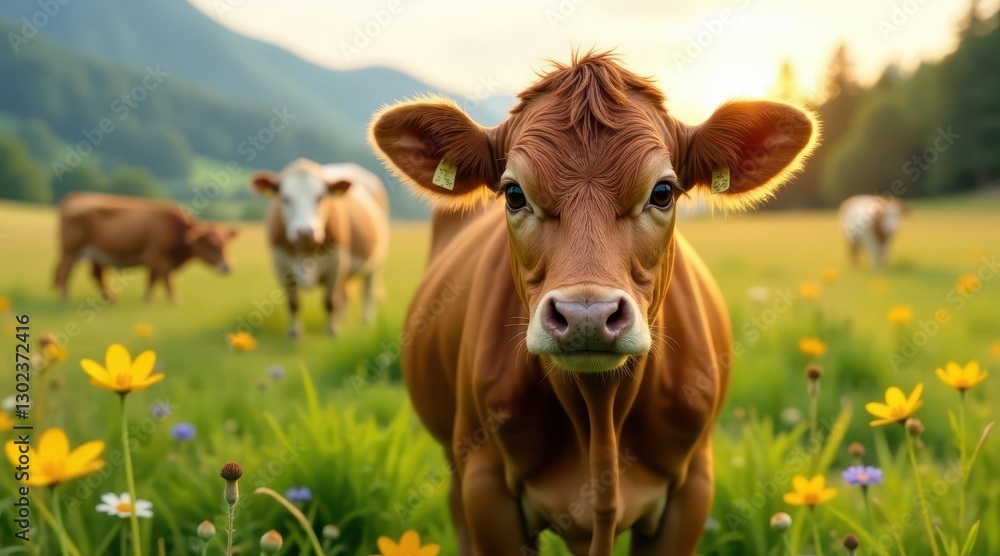 A Young Brown Cow Gazes Directly at the Camera in a Lush Meadow Filled with Wildflowers at Sunset A Young Brown Cow Gazes Directly at the Camera in a Lush Meadow Filled with Wildflowers at Sunset