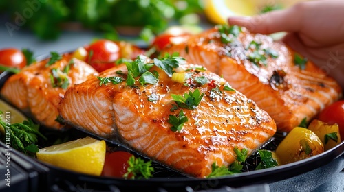 Air fryer clean food cooking easy. Grilled salmon fillets garnished with herbs and lemon slices.