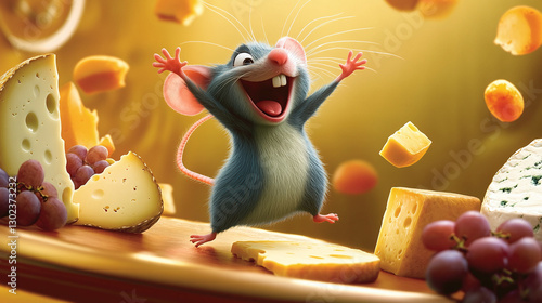 A cartoon rat with exaggerated features dances joyfully on a cheese platter surrounded by cheese and grapes.
